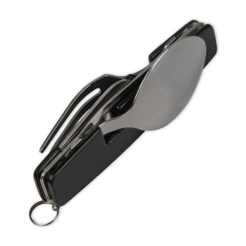 Sort metal campingbestik med foldbar kniv, gaffel og ske.