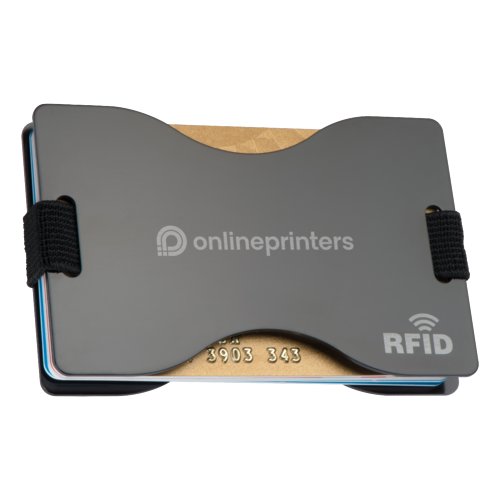 Gr metalkortholder med RFID-beskyttelse og elastikbnd.