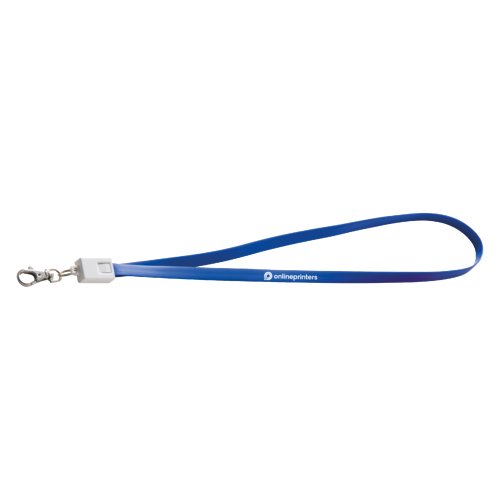 Bl polyester lanyard med universelt ladekabel og karabinhage.