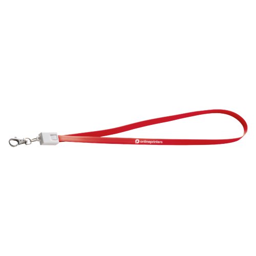 Rd polyester lanyard med karabinhage og integreret universelt ladekabel.