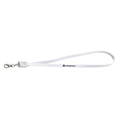 Hvid polyester lanyard med karabinhage og universelt ladekabel.