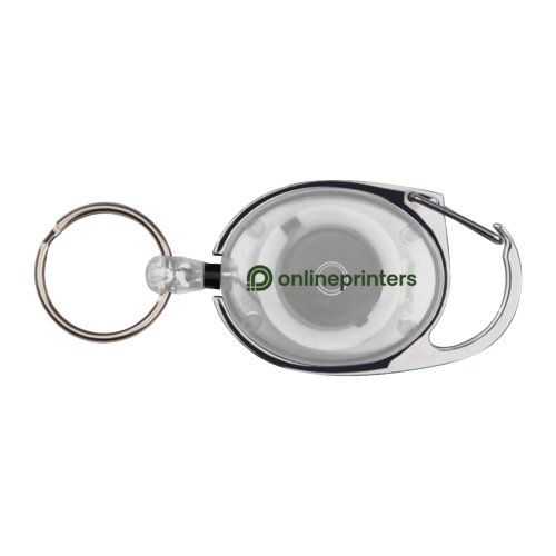 Hvid karabinhage med ring og clip til variabel fastgrelse.