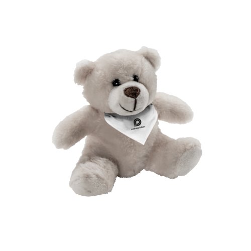 Beige plys bamse med bld fyld.
