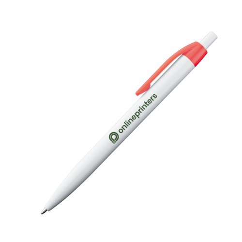 Rd plastik kuglepen med klips og trykknap.