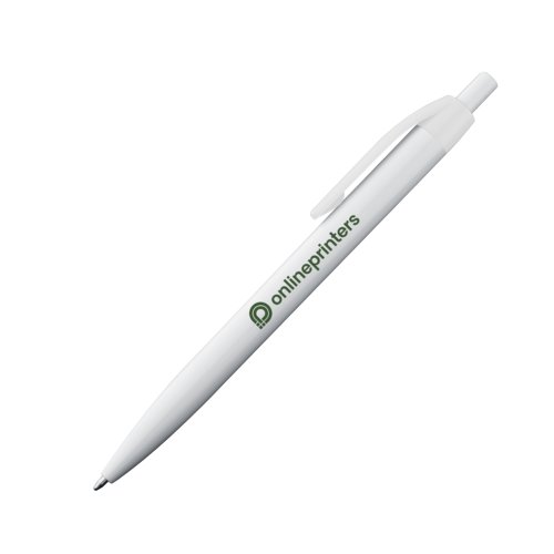 Hvid plastikkuglepen med klips og trykknap.