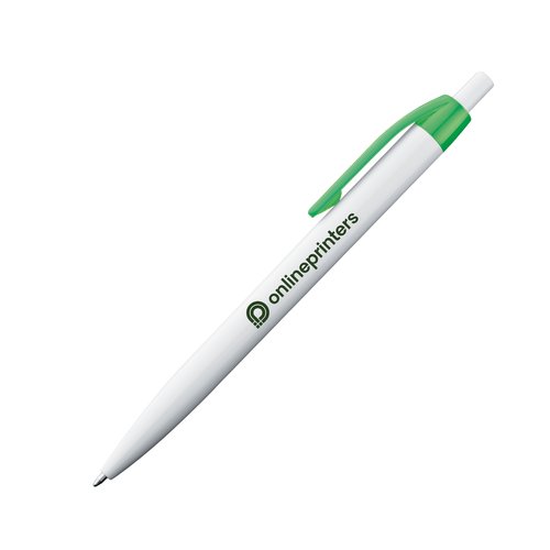 Hvid plastik kuglepen med farvet clip og trykmekanisme.
