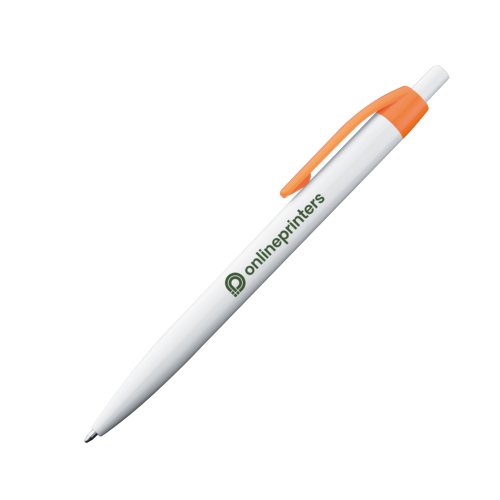 Orange plastikkuglepen med klips og trykknap.