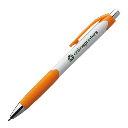 Orange plastik kuglepen med klips og trykknap.