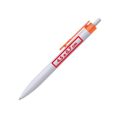 Hvid plastikkuglepen med orange clip og trykmekanisme.