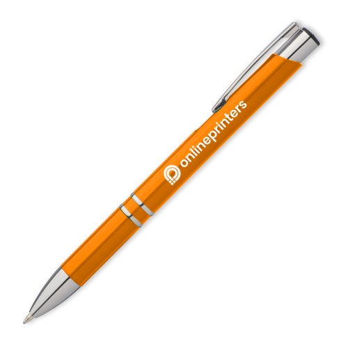 Orange metalkuglepen med clip og trykknap.