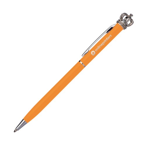 Orange metal kuglepen med klips og krone dekoration.