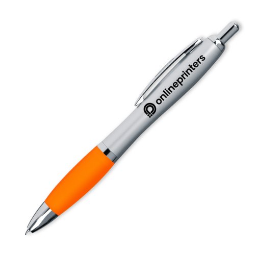 Orange plastik kuglepen med clip og trykknap.