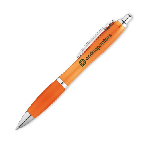 Orange plastikkuglepen med clips og trykknap.