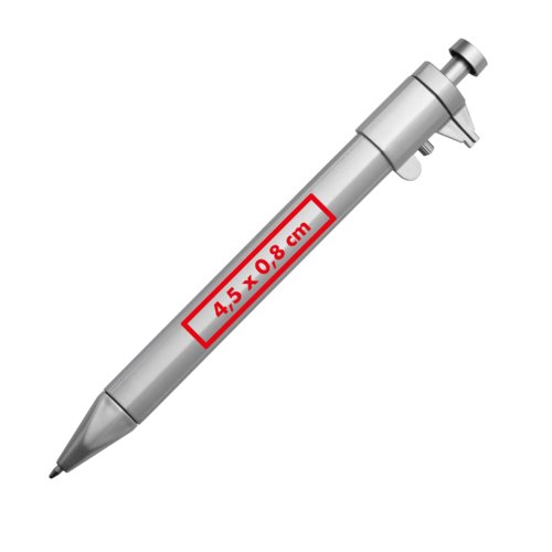 Slvfarvet metal-kuglepen med skydelre og trykmekanisme.