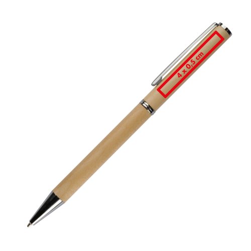 Kuglepen i tr med klips og metaldetaljer.