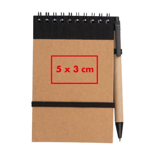 Notesblok med pen og elastikbånd.