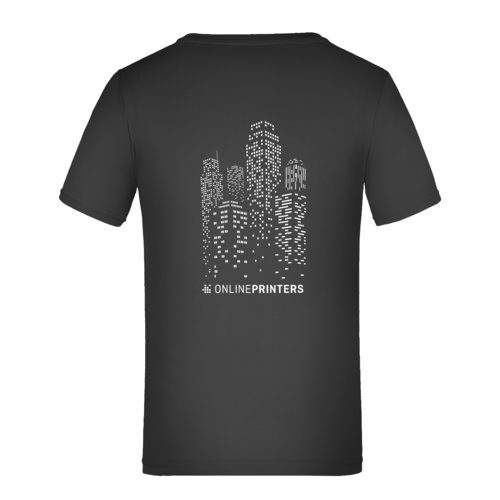 Sort polyester T-shirt til brn med korte rmer.