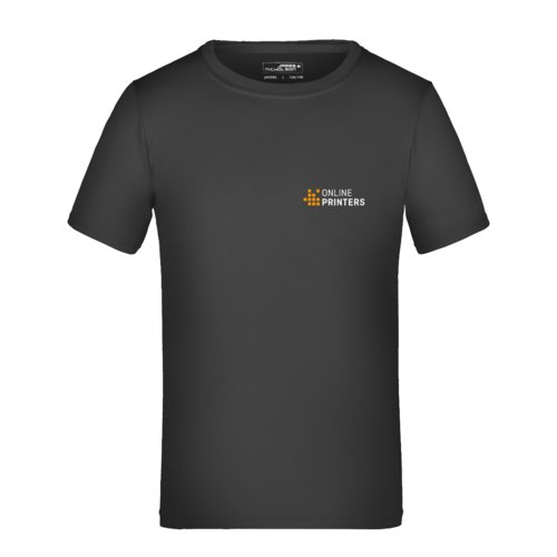 Sort polyester T-shirt til brn med korte rmer.