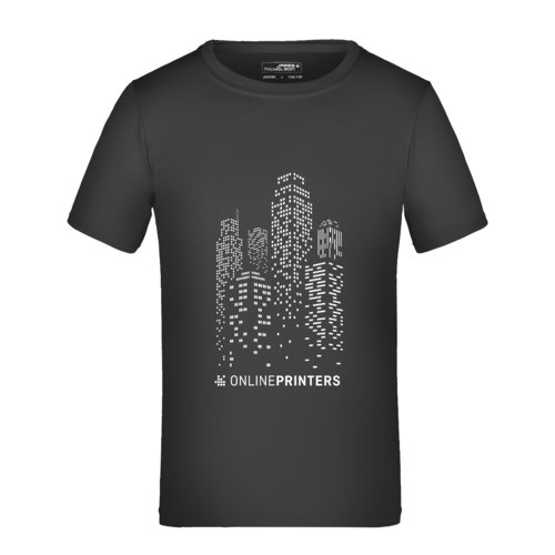 Sort polyester brne-T-shirt med korte rmer.