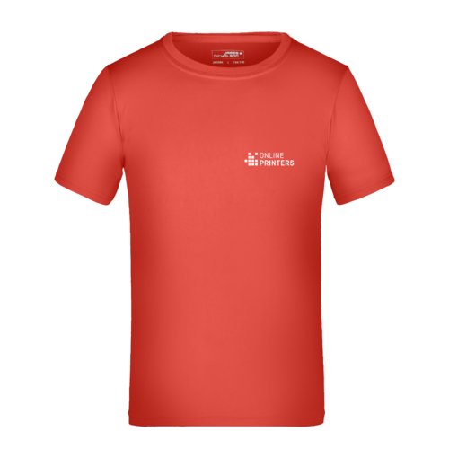 Rd polyester brne-T-shirt med korte rmer.