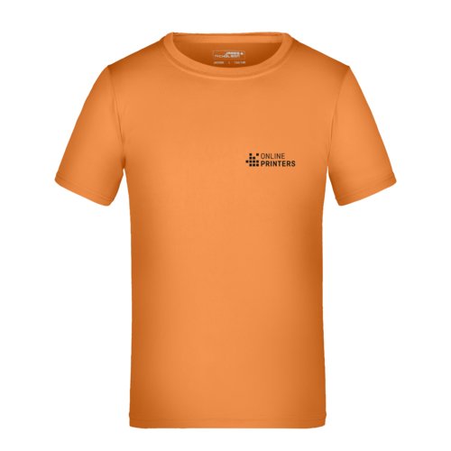 Orange polyester brne-T-shirt med korte rmer.