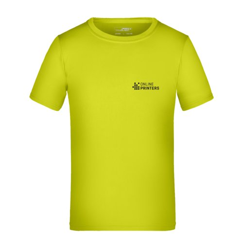 Neongul polyester T-shirt til brn med korte rmer.