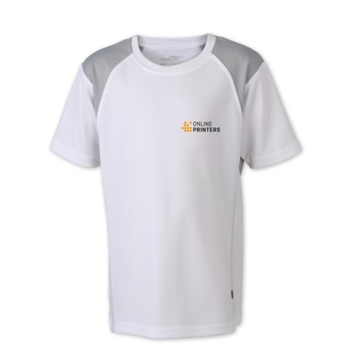 Hvid og slvfarvet polyester lbe-T-shirt til brn.
