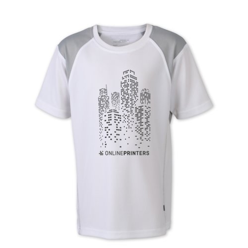 Hvid polyester lbe t-shirt til brn med korte rmer.