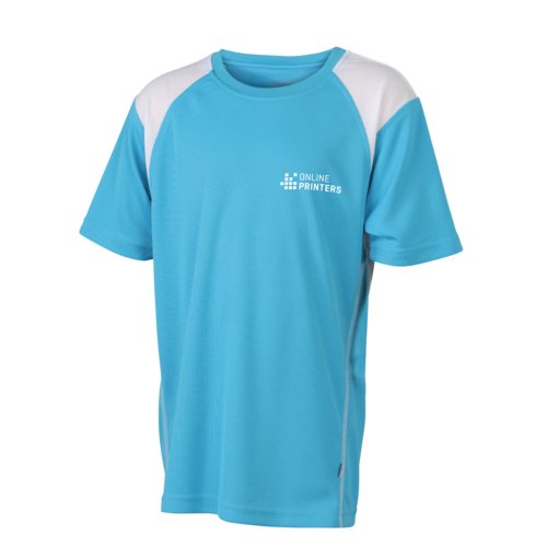Lysebl polyester lbe-t-shirt til brn med korte rmer.