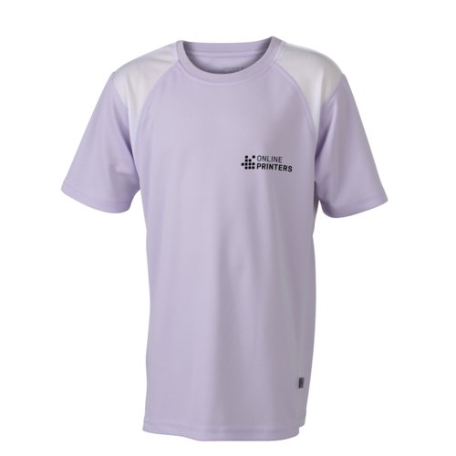 Lilla polyester lbe-t-shirt til brn med korte rmer.
