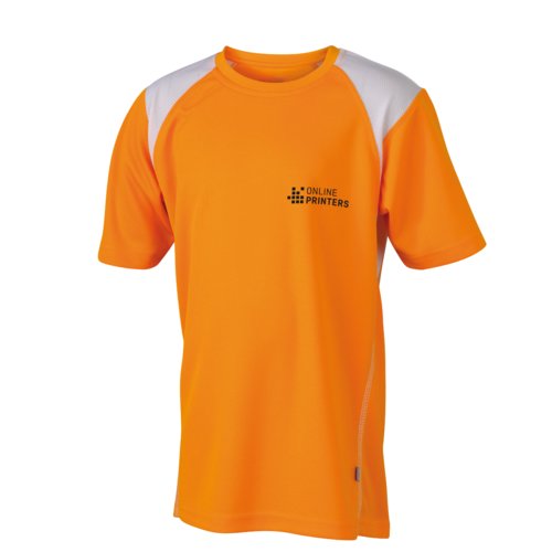 Orange polyester lbe-t-shirt til brn med korte rmer.