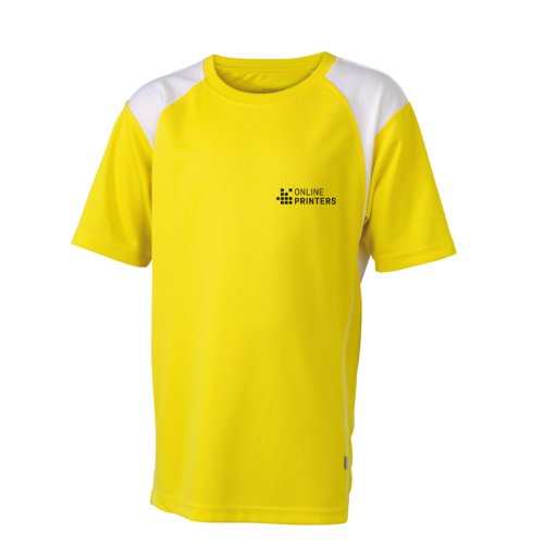 Gul/hvid polyester lbe-T-shirt til brn med korte rmer.