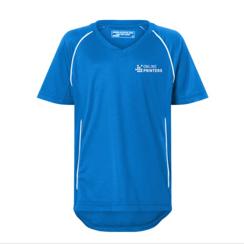 Royal bl/hvid polyester T-shirt med V-udskring til brn.