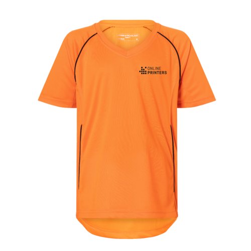 Orange polyester brne-T-shirt med korte rmer.
