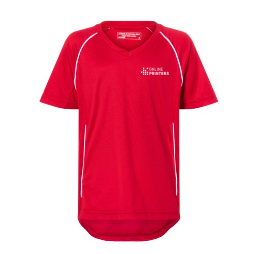 Rd polyester t-shirt til brn med v-hals og korte rmer.