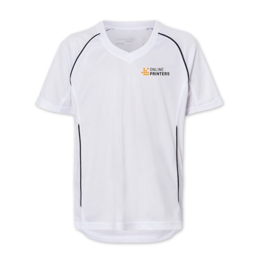 Hvid polyester T-shirt med korte rmer.