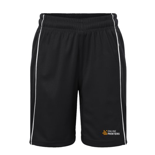 Sort og hvid polyester brneshorts med elastisk linning.