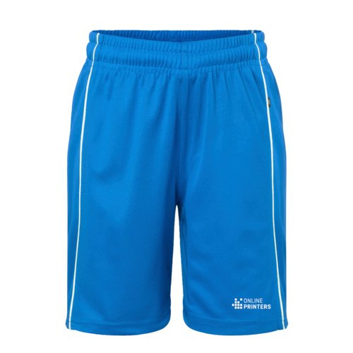 Kongebl polyestershorts med elastisk linning og hvide sidestriber.