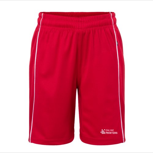Rde polyestershorts med elastisk linning og kontrastfarvede sidestriber.