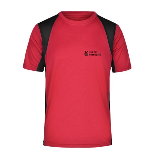 Rd polyester funktions t-shirt med korte rmer.