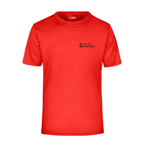 Rd polyester T-shirt med korte rmer.
