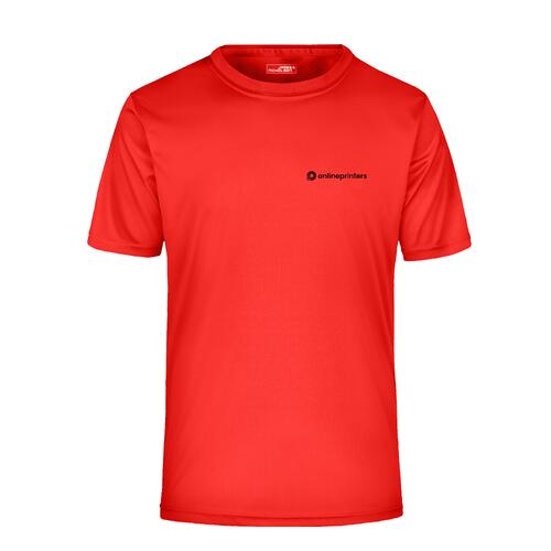 R�d polyester T-shirt med korte �rmer.