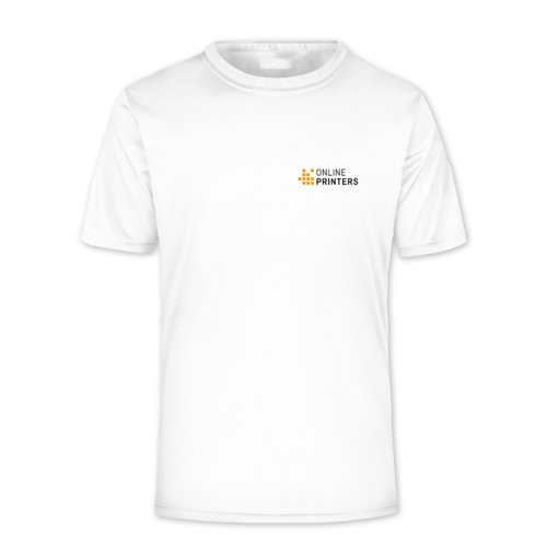 Hvid polyester T-shirt til mnd med korte rmer.