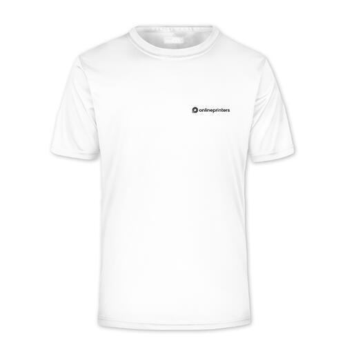 Hvid polyester T-shirt til m�nd med korte �rmer.