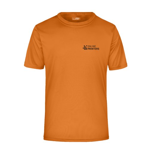Orange polyester t-shirt med korte rmer.
