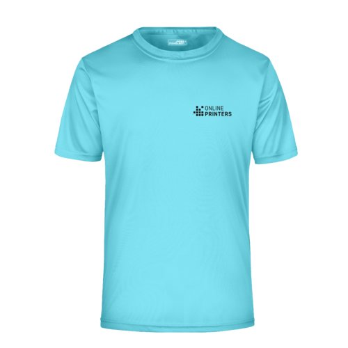 Turkis polyester T-shirt til mnd med korte rmer.