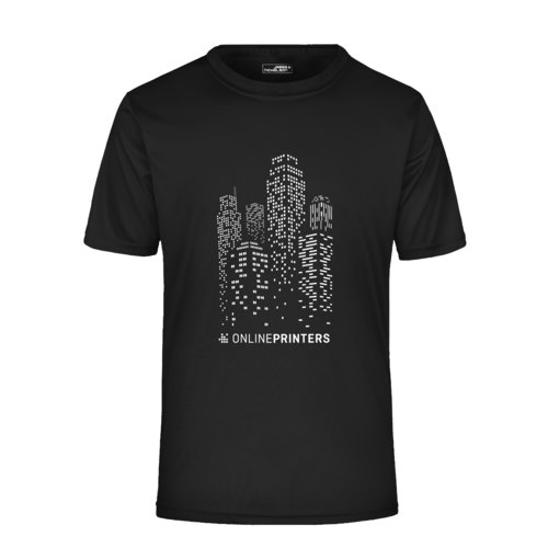 Sort polyester T-shirt med korte rmer.