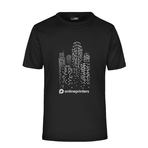 Sort polyester T-shirt med korte �rmer.