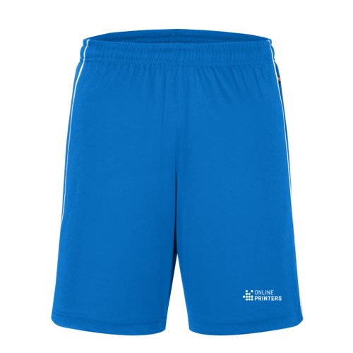 Bl polyestershorts med elastisk linning og snrebnd.