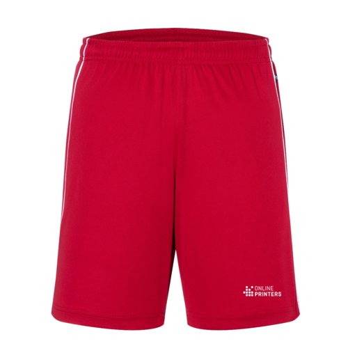 Rde polyestershorts med elastisk linning og hvide striber.